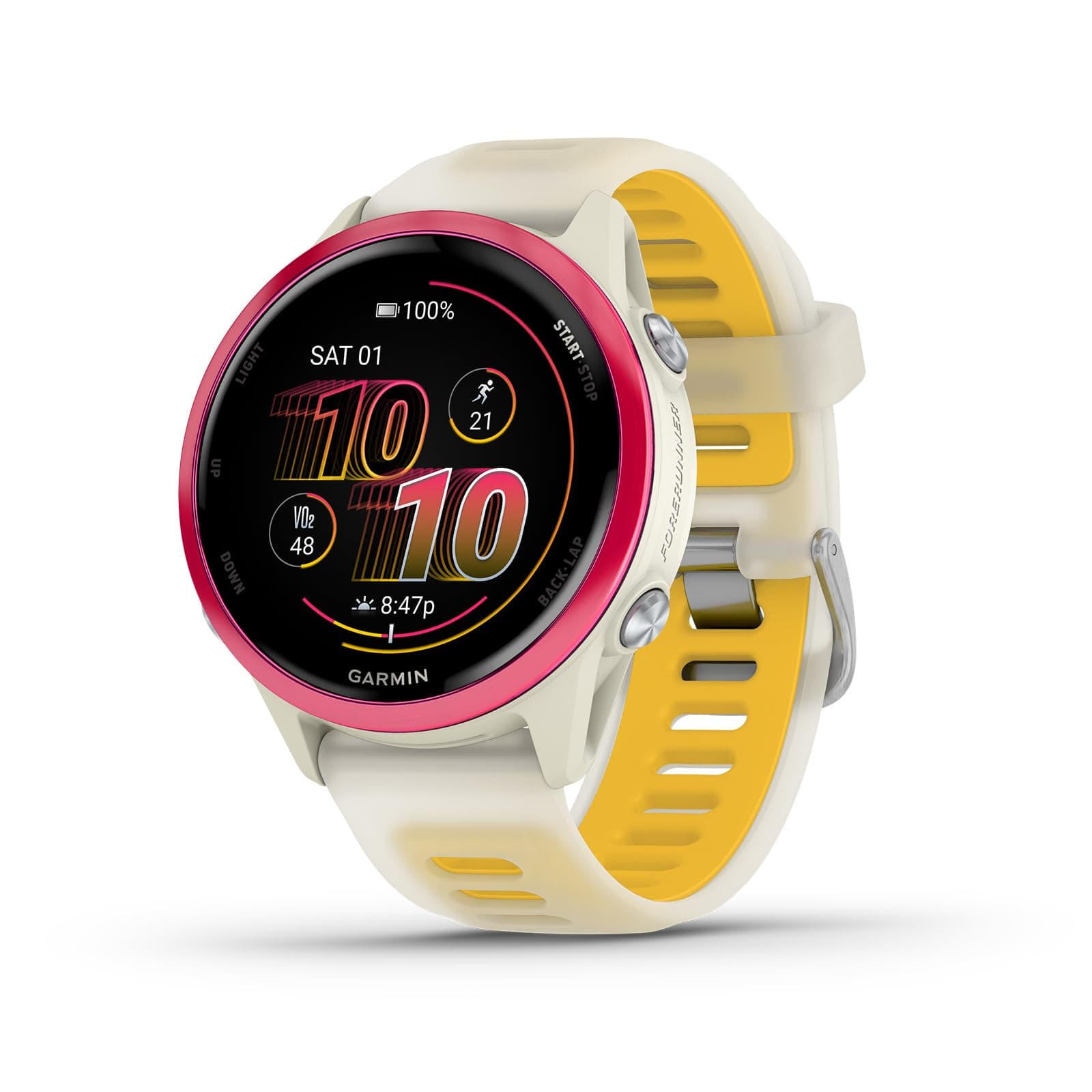Garmin® Forerunner® 570, 42 mm, Reloj Inteligente avanzado GPS para Correr y triatlón, Pantalla AMOLED, características de Entrenamiento y recuperación, Aluminio Frambuesa con Banda translúcida de