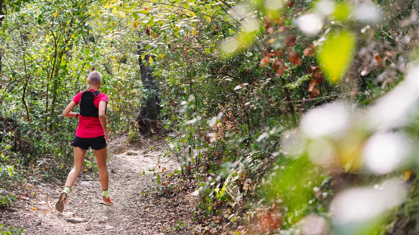 Dos corredores pasan de un parque llano a un sendero de montaña con subidas y bajadas progresivas