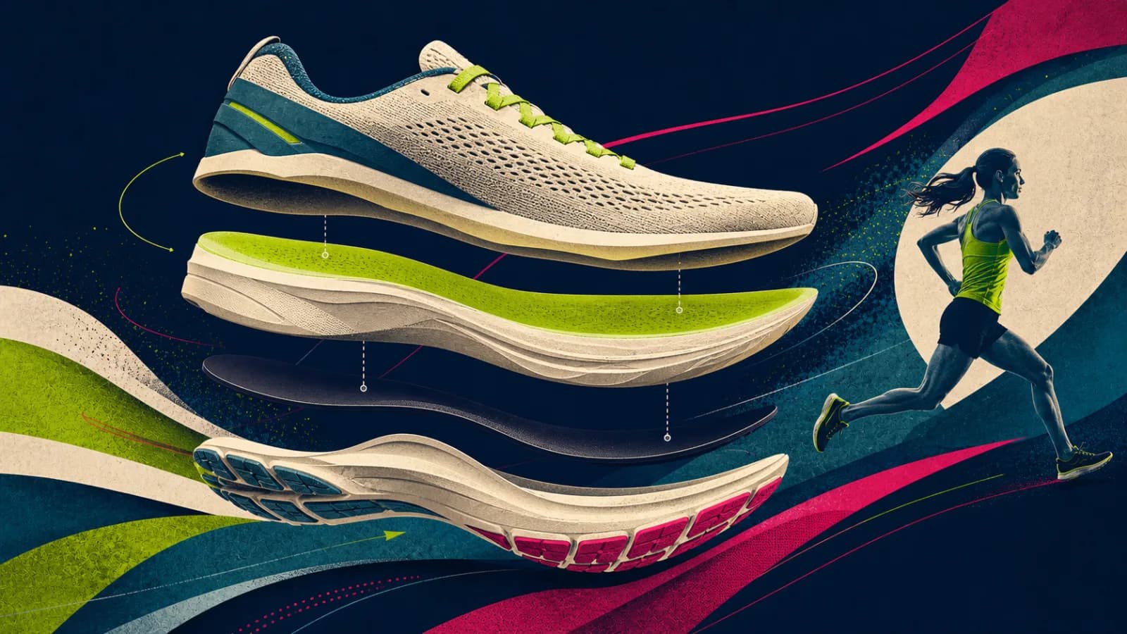 Zapatilla de running abierta muestra espuma, placa curva y geometría de la mediasuela como un sistema