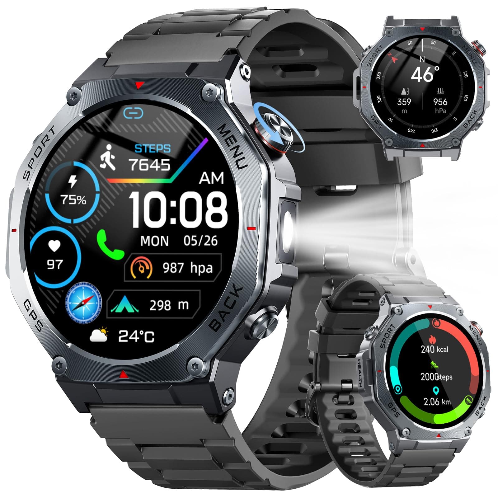 Reloj Inteligente Hombre Militar con GPS y Linterna LED, 5ATM Smartwatch con Brújula llamadas Bluetooth Pulsóm