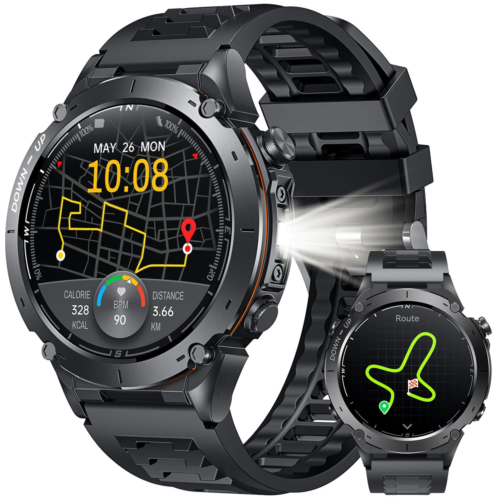 Smartwatch Reloj Inteligente Hombre con GPS: 1.43" AMOLED Smart Watch con linterna Brújula llamadas Bluetooth