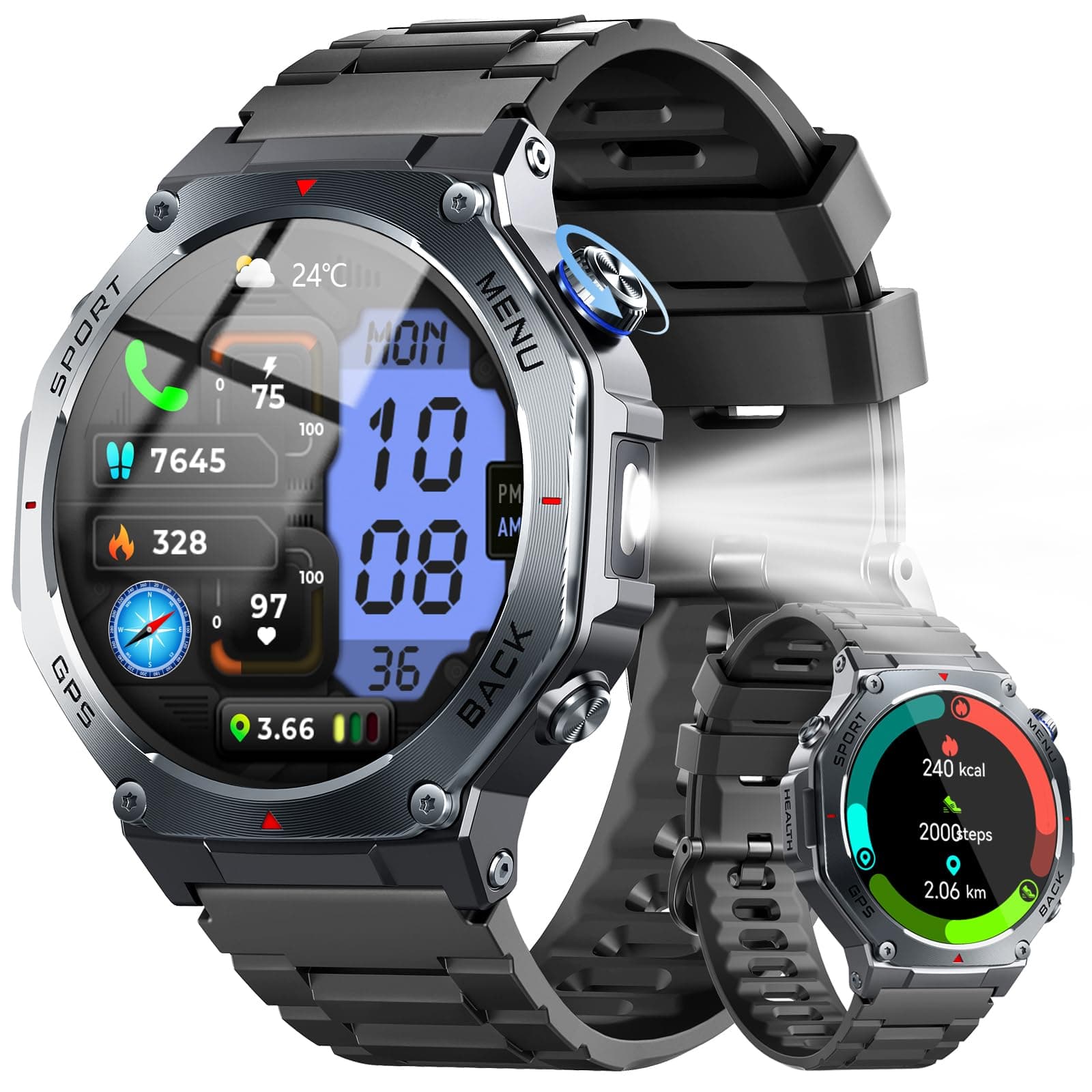Reloj Inteligente Hombre con GPS, 1.43" AMOLED Militar Smartwatch con Llamadas Bluetooth/Podómetro/Monitoreo d