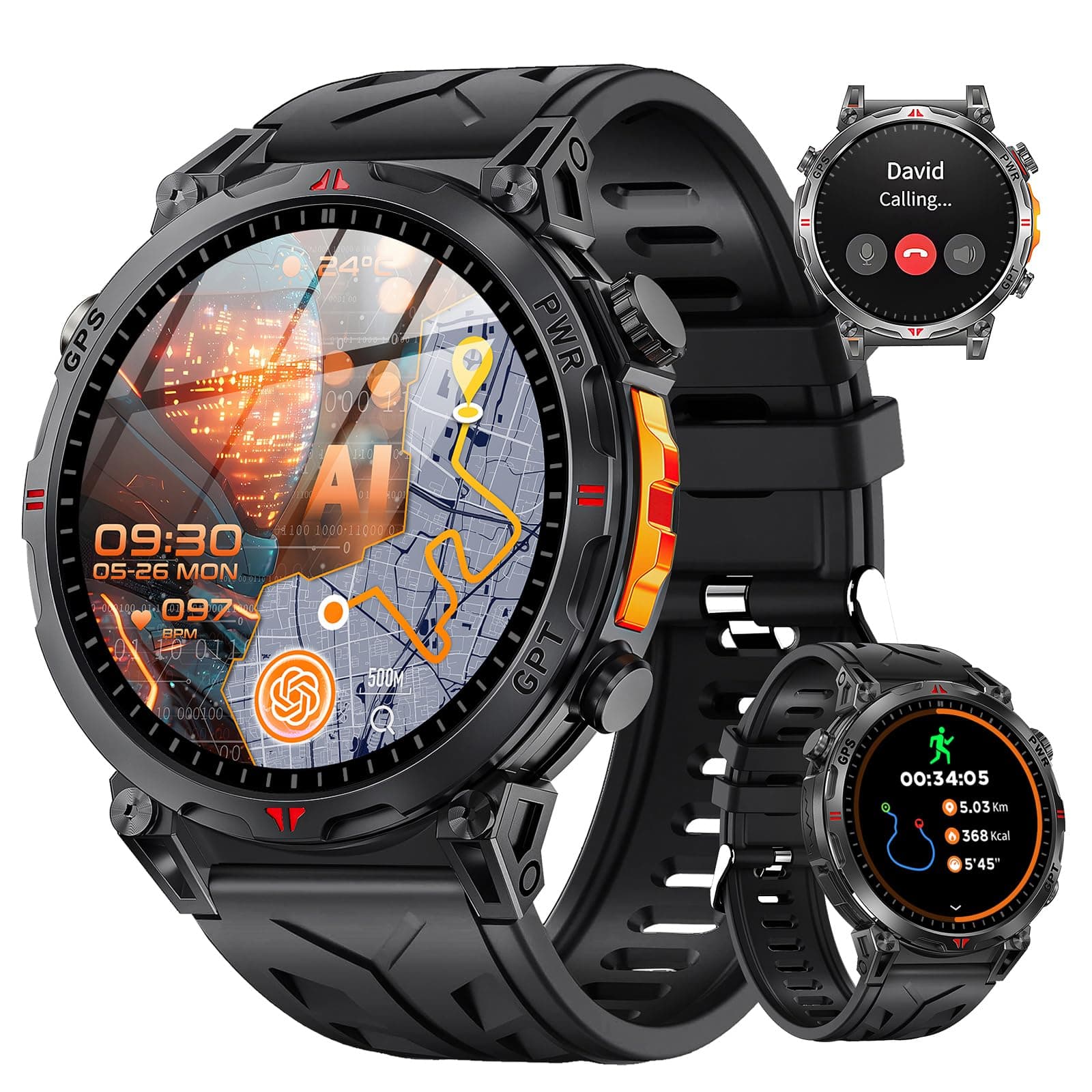 Rmana Reloj Inteligente Hombre con GPS, 1.6" AMOLED Pantalla Táctil Smartwatch Hombre, Llamadas Bluetooth/Chat