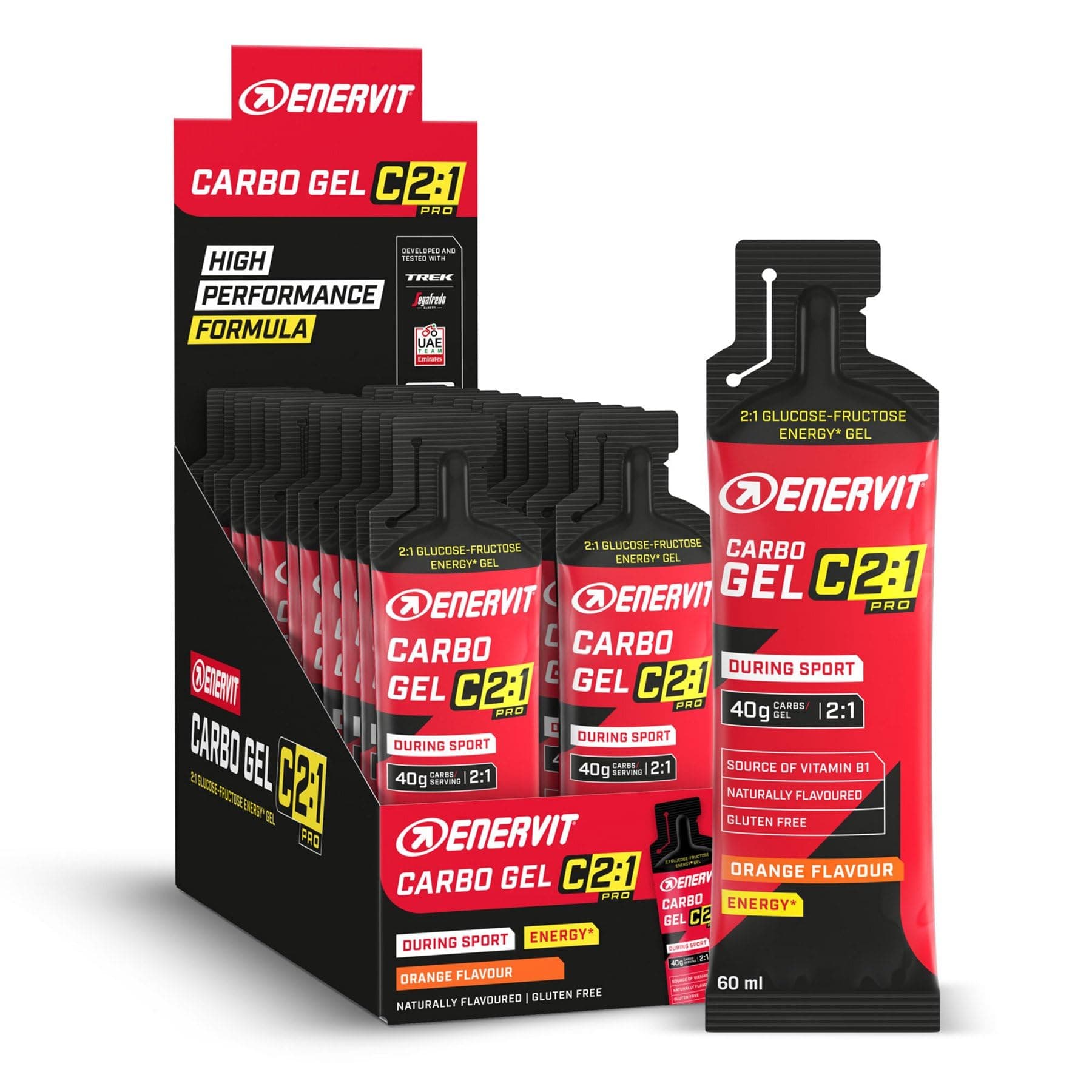 ENERVIT Carbo Gel C2:1PRO Naranja, Gel Energético con 40g Carbohidratos, Actividades de Alta Intensidad, +50% — gel energético