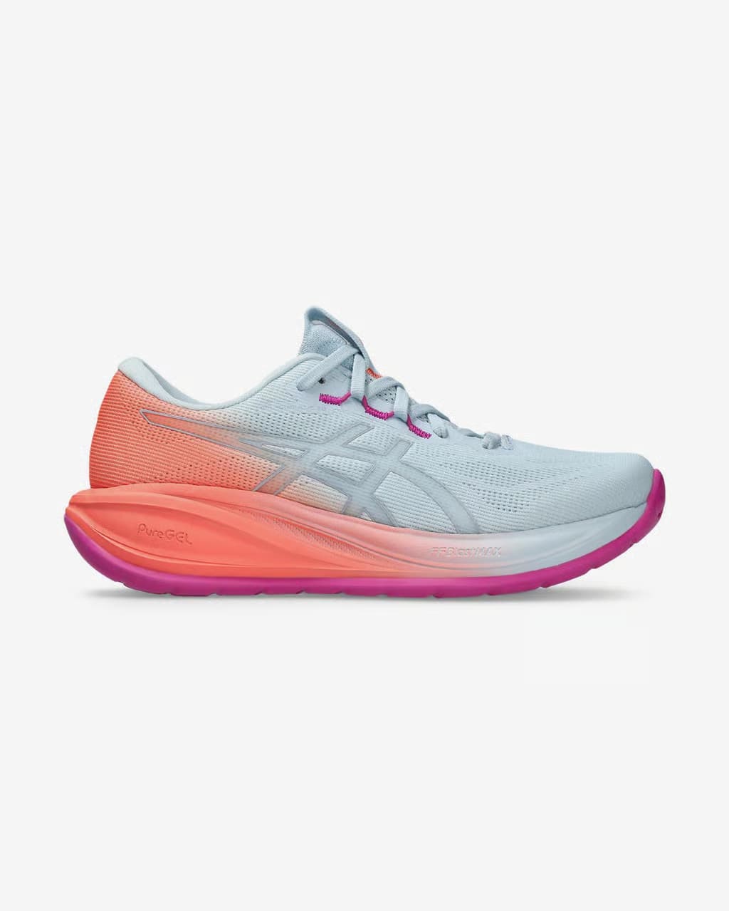 ASICS Gel-Cumulus 28 Sunny Sizzle azul cielo rosa coral — zapatillas de running para mujer