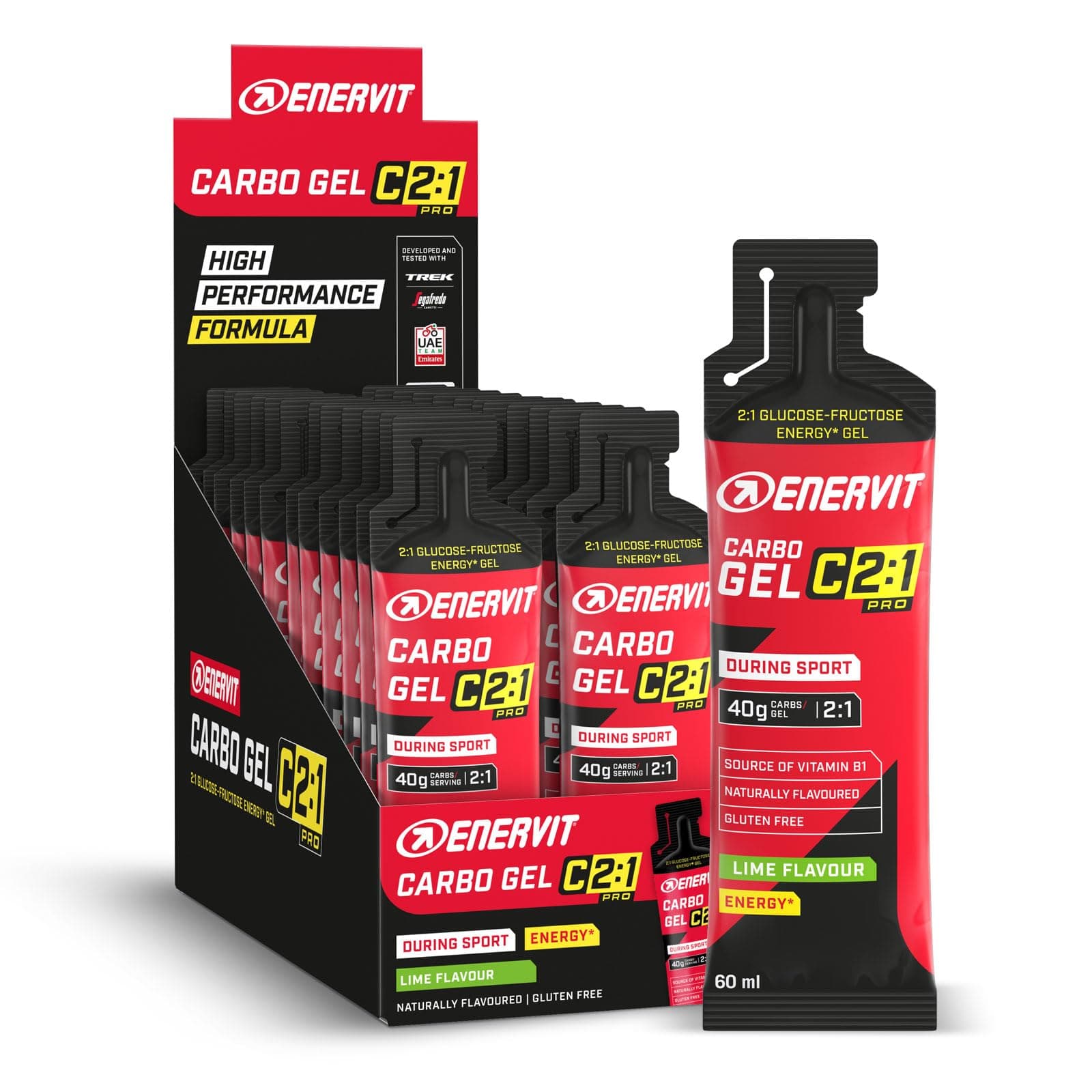 ENERVIT Carbo Gel C2:1PRO Lime, Gel Energético con 40g de Carbohidratos para Actividades de Alta Intensidad, + — gel energético