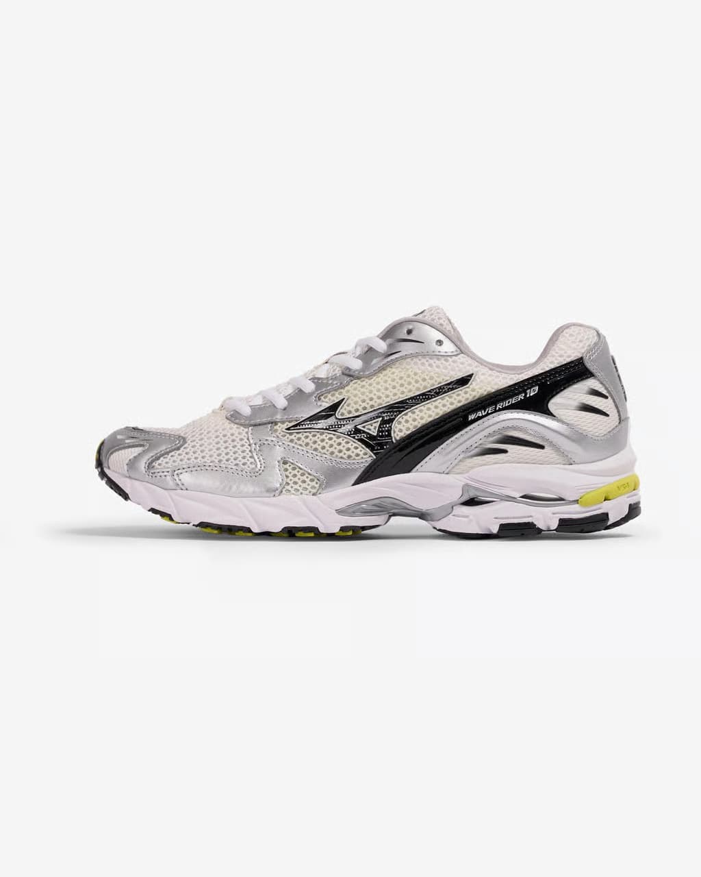 Mizuno Wave Rider 10 S blanco plateado amarillo — zapatillas de running